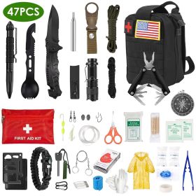47Pcs Emergency Survival Kit Survival EDC Gear Equipment Tool First Aid Supplies Kit Tools with Pouch for Hiking Hunting Disaster Camping Adventu (Color: Black)